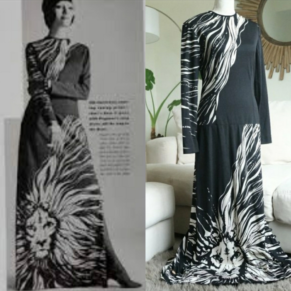 Vintage 1970s Paganne Lion Print Long Sleeve Maxi Dress
